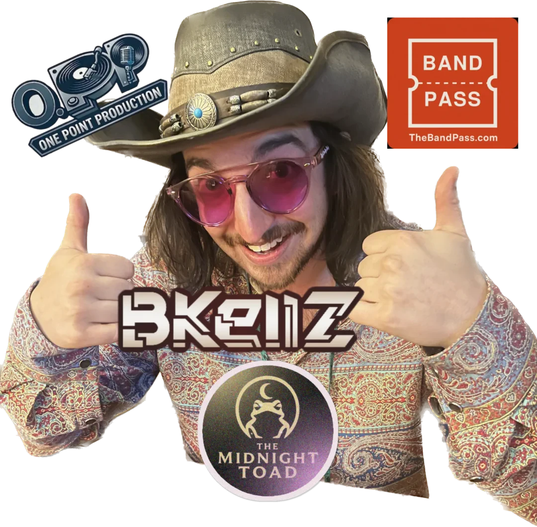 Bkellz poster — a performer in a wide-brim hat and pink sunglasses giving two thumbs up.