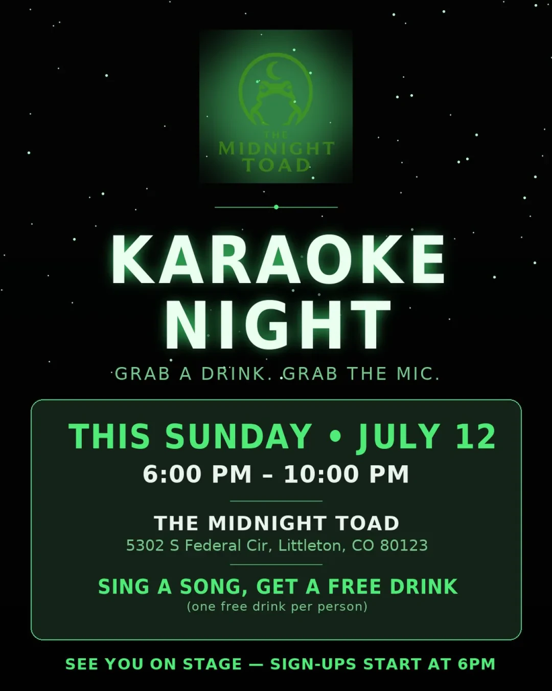 Karaoke Night poster — grab a drink, grab the mic, Sunday July 12, 6 to 10pm.