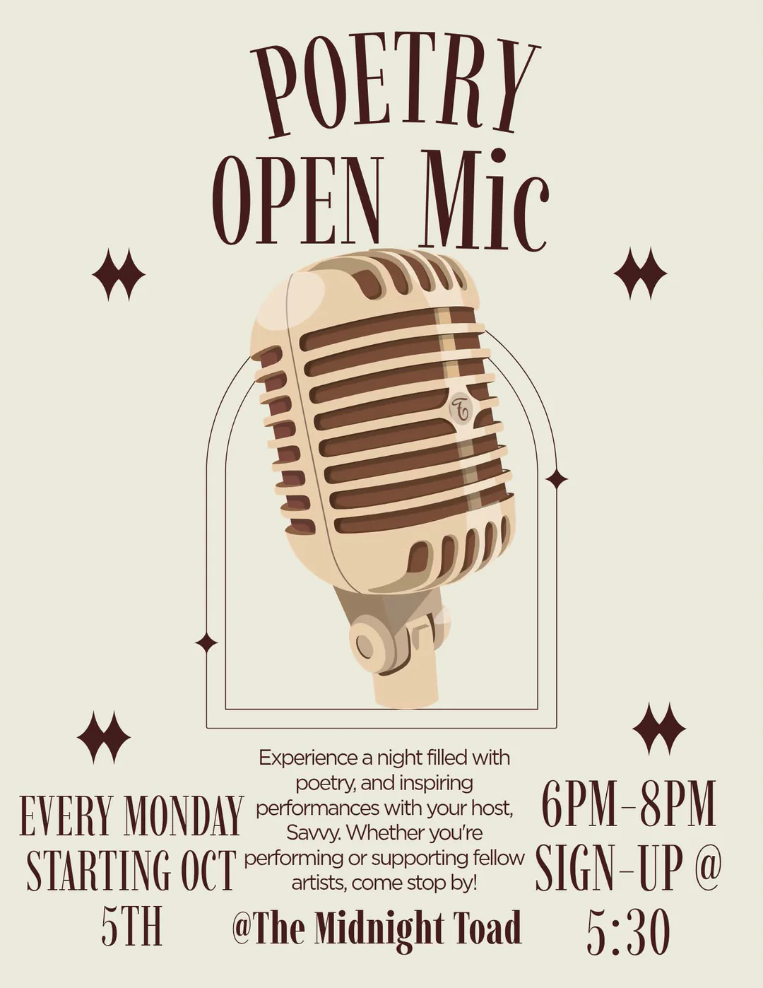 Poetry Open Mic flyer — a vintage ribbon microphone in cream and brown, every Monday starting October 5th, 6pm to 8pm with sign-up at 5:30, hosted by Savvy at The Midnight Toad.