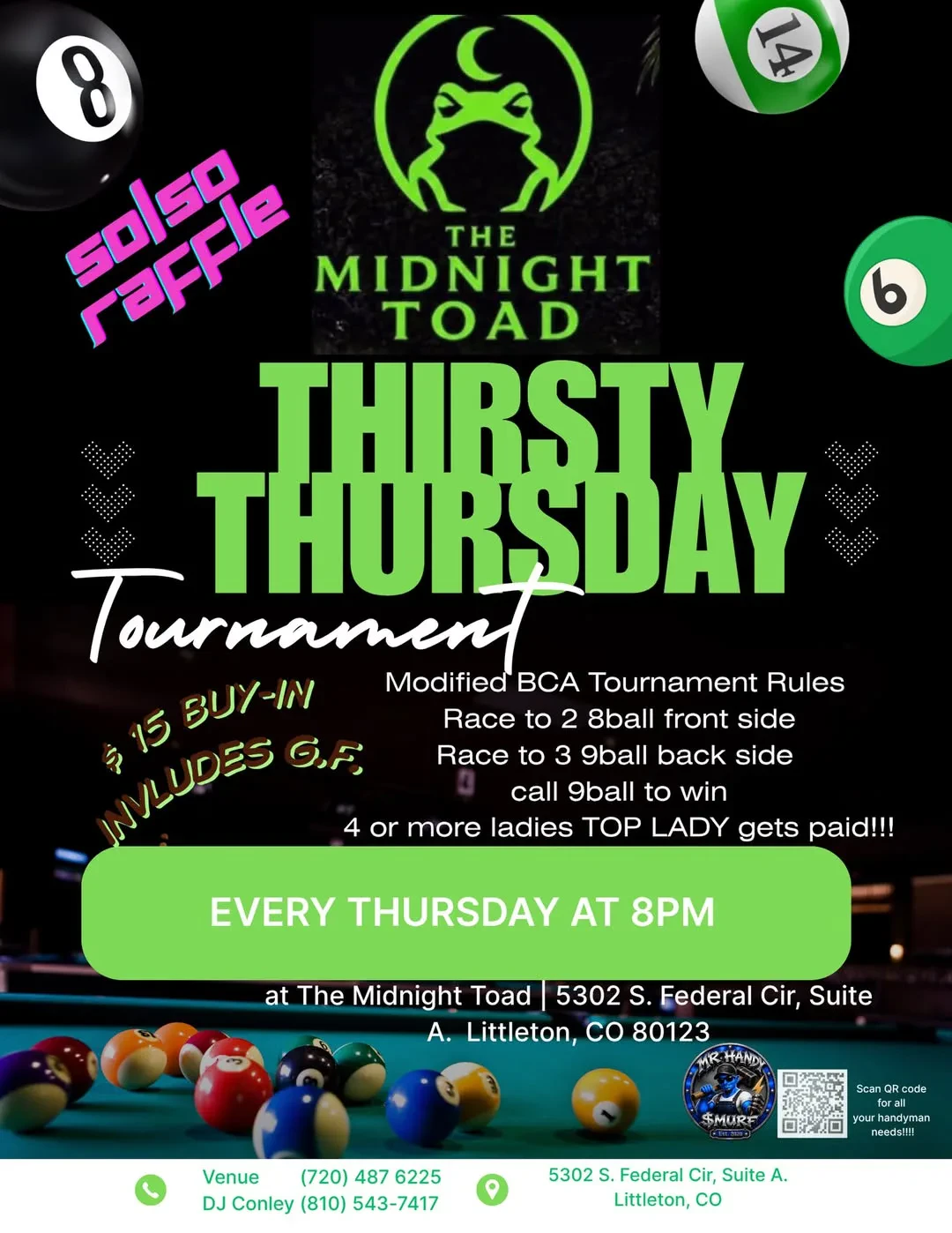 Thirsty Thursday pool tournament flyer — every Thursday at 8pm, $15 buy-in, modified BCA rules.